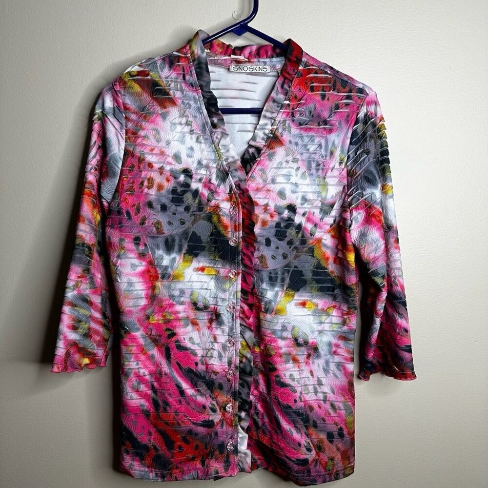 Sno Skins Womens Colorful Abstract Print Button Up Blouse‎ Top 3/4 Sleeve Size L